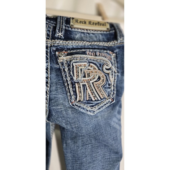 Rock Revival Denim - Rock Revival Womens Jeans Blue Denim Mid Rise Boot Embroidered 25 Distressed